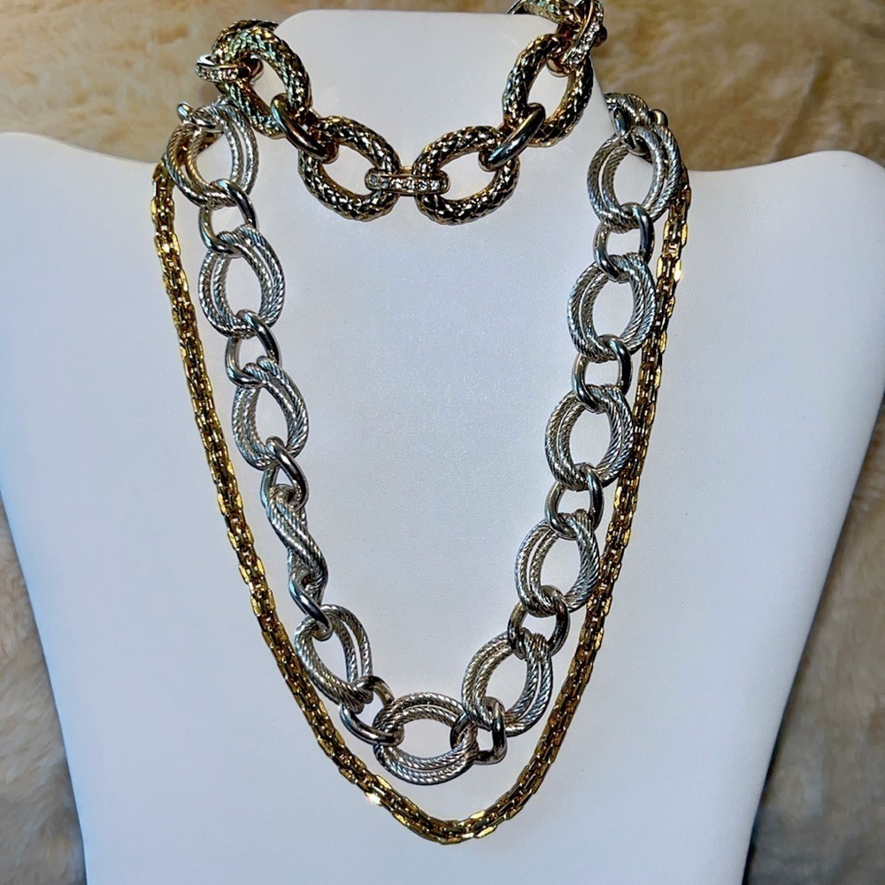 3 vintage chunky chain link necklace/ bracelet gold tone necklace mixed metals